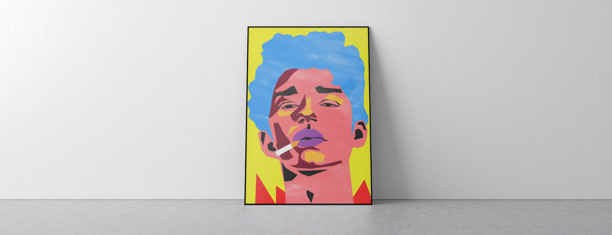 Pop art poster of a boy smoking leaned again white wall 