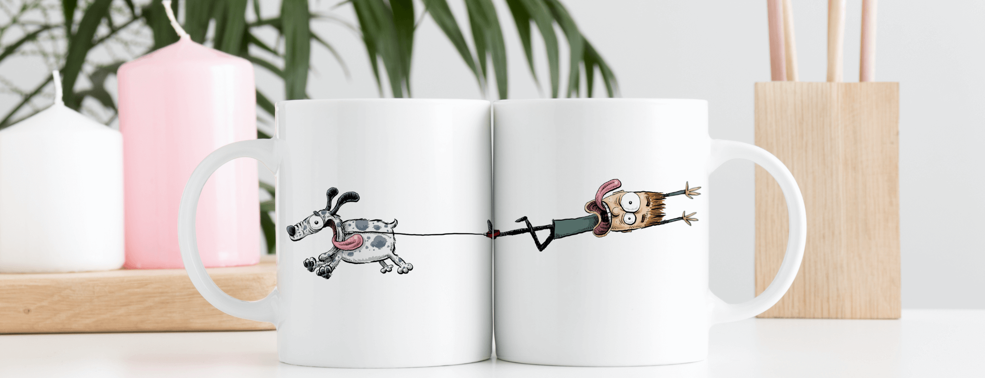 Funny mugs with an illustration of a dog dragging his owner